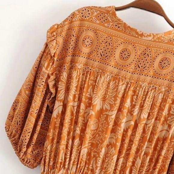 Bohemian Gypsy Print Ruffle Floral Dress Orange - Picture 11 of 13